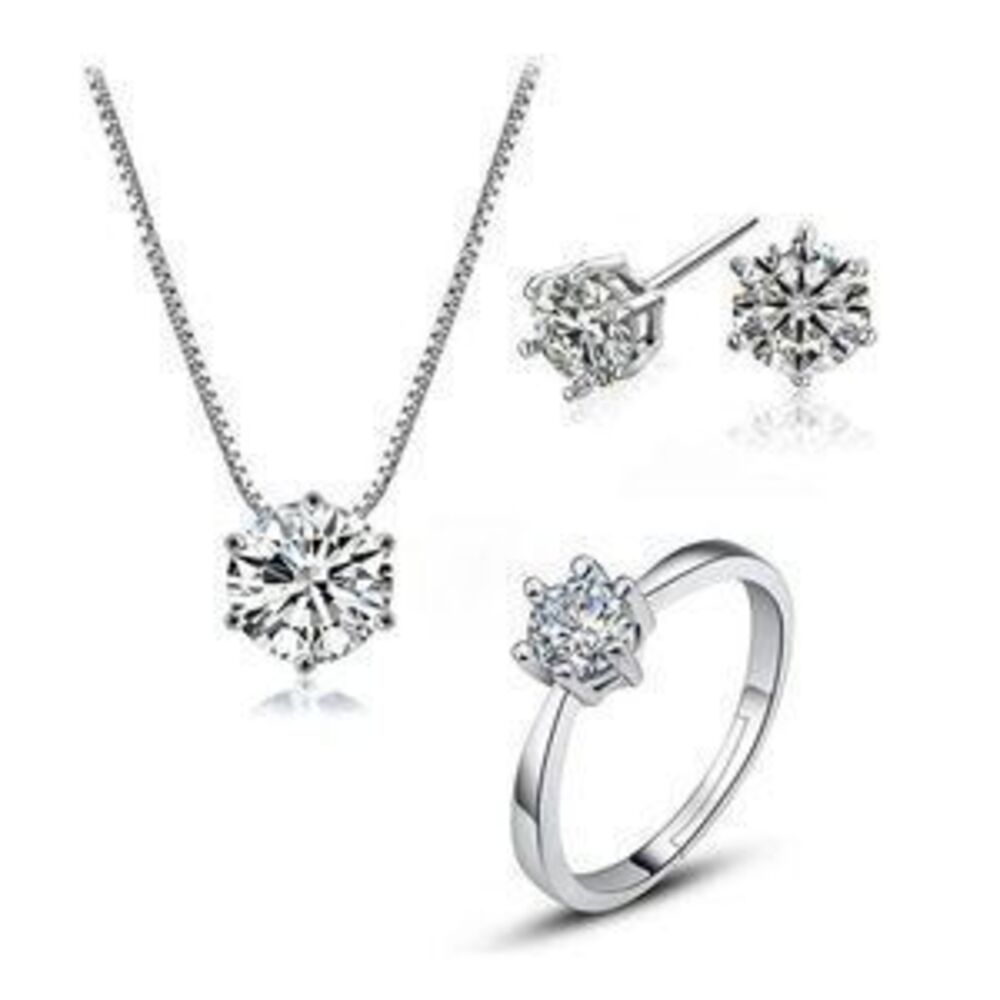 [Set of 3] 925 Sterling Silver Solitaire Diamond 1